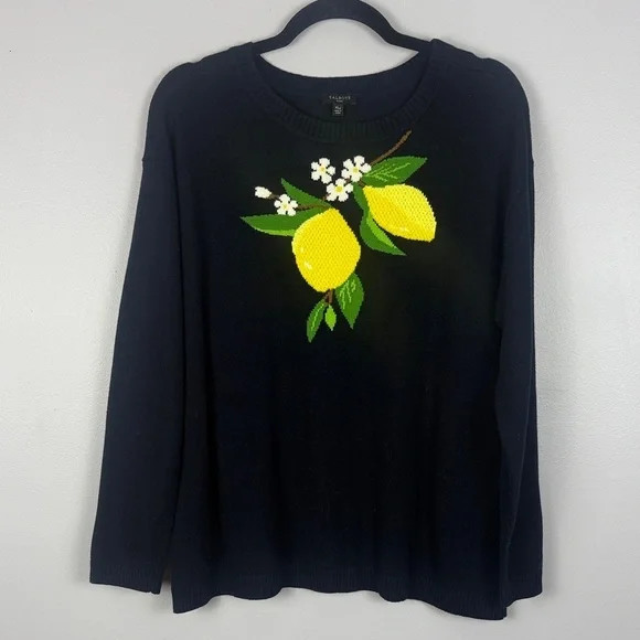 Talbots Navy Fresh Lemons Intarsia Crew Neck Long Sleeve XLP Sweater Knit - Picture 2 of 10